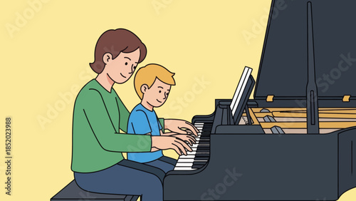 Mother and son playing piano together enjoying a musical moment at home.