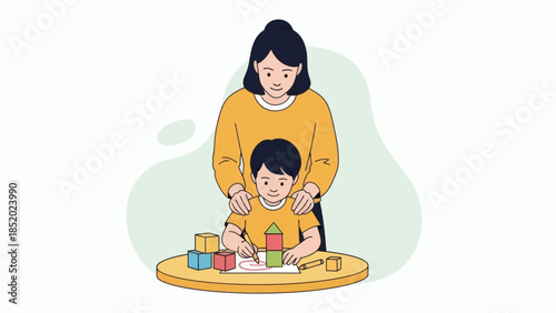 Mother and son playing with building blocks at home.