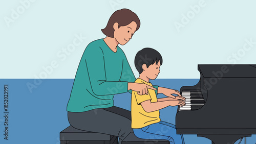 Mother and son playing piano together learning music at home.