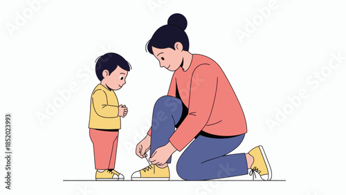 Mother helping her young son tie his shoelaces illustrating care and daily routine.