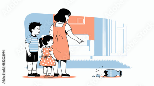 Mother and two children looking at a broken vase on the floor illustrating a moment of domestic mishap and family interaction.