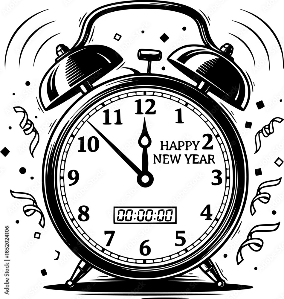 Obraz premium Ringing Alarm Clock Midnight Vector Illustration New Year Countdown