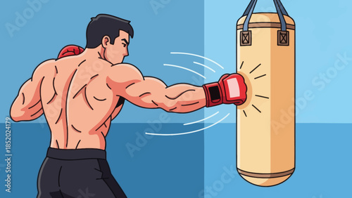 Muscular Man Training with Punching Bag in a Dynamic Boxing Workout.