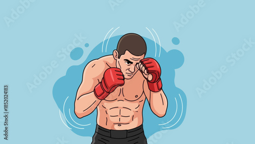 Muscular Boxer in Red Gloves Ready for Fight.