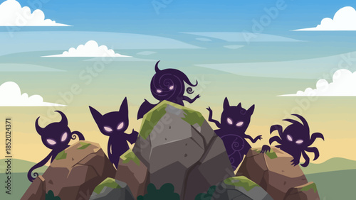 Mysterious Shadow Creatures Gathering on Rocky Terrain Under a Cloudy Sky.