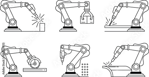 Industrial robotic arm set, manufacturing automation icons, factory robot operations, welding cutting drilling gripping polishing processes, smart industry technology,