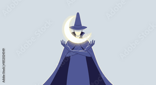 Mysterious Wizard Holding Crescent Moon in Minimalist Style.