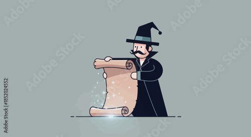 Mysterious Wizard Reading Ancient Scroll with Magical Glow.