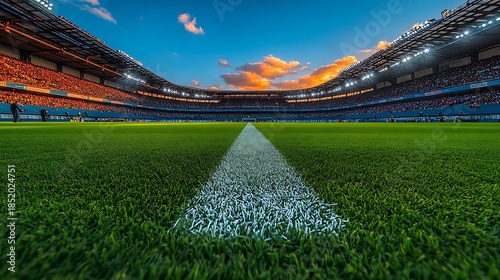 Empty soccer stadium with green field and bright lights at sunset football stadium empty stadium