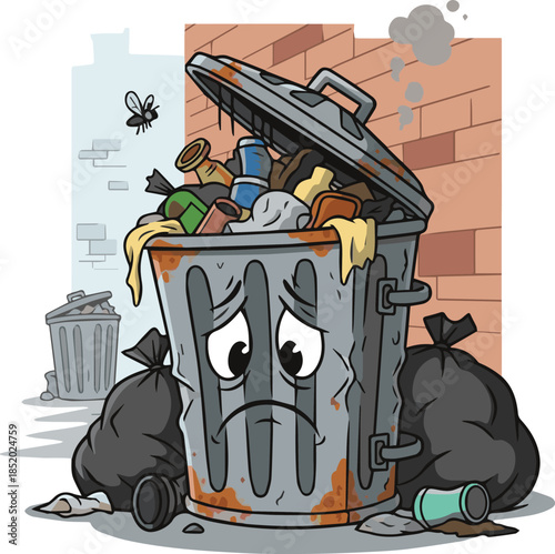 Sad trash can cartoon character representing pollution, waste management, environmental awareness, and emotional illustration concept
