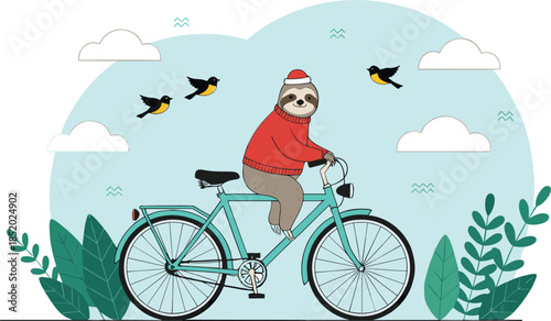 Funny Sloth Cycling Vector Illustration Showing Eco Friendly Transport and Outdoor Lifestyle