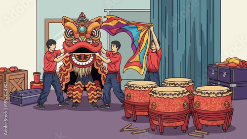 People preparing for a traditional Chinese lion dance performance.