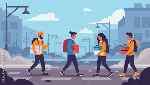 People walking on a city street carrying packages representing delivery or shopping.