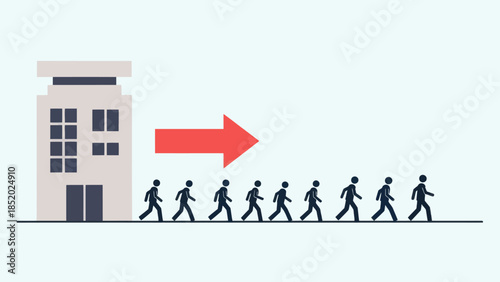 People leaving a building symbolizing a mass exodus or departure from a company or organization.