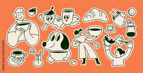 Vector sticker design templates, hand drawn doodles  and mascots, specialty coffee shops, icons and illustrations in line art style, funny positive cartoons for cafe
