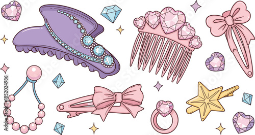 Girly Fashion Accessories Vector Illustration Collection Featuring Hair Clips Bows Jewelry and Gems