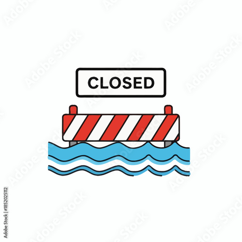 Road Closed Due to Flood Waters Barrier Sign.