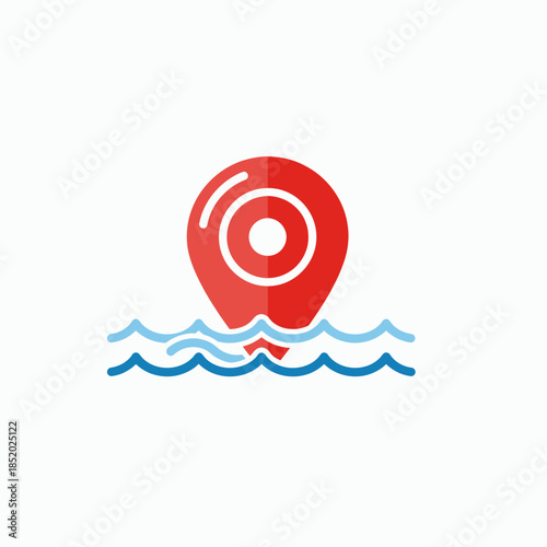 Red Location Pin Floating on Blue Waves Icon.