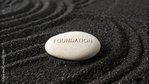 Stone engraved with 'Foundation' on textured black sand
