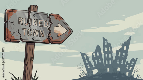 Road Sign Pointing Towards a Ruined Town in a PostApocalyptic Landscape.