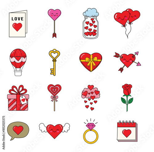 Colorful collection of various icons representing love and valentine's day celebration