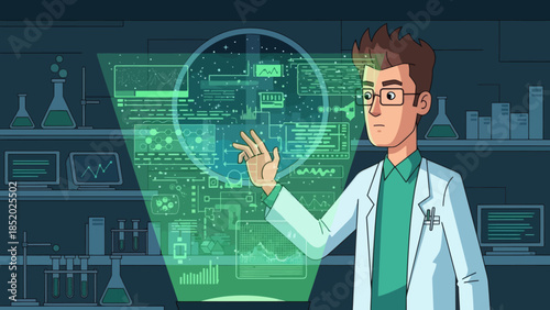 Scientist Interacting with Futuristic Holographic Interface in Laboratory.