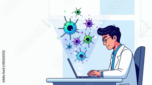 Scientist working on laptop with virus illustrations.