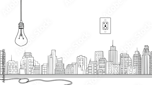 Energy conservation concept with line art city skyline, unplugged light bulb, and electrical wall socket drawing