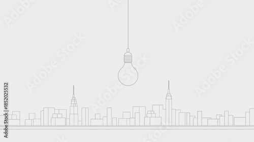 Minimalist line art illustration of urban cityscape with a lightbulb, symbolizing ideas, innovation, and creativity in a monochrome design.