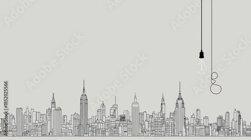 Minimalist monochrome line art cityscape illustration with hanging light bulb. Urban skyline sketch representing ideas, creativity, and innovation.