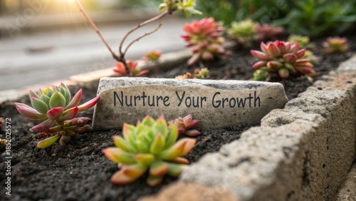 Stone with 'Nurture Your Growth' message among succulents