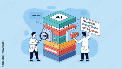 Scientists Analyzing AI Model Parameters and Data Stack.