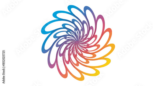 Energetic Abstract Spiral Floral Design in Vibrant Rainbow Colors on Isolated White Background.