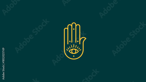 Stylized golden Hamsa hand with protective evil eye symbol on dark teal background, spiritual amulet vector graphic