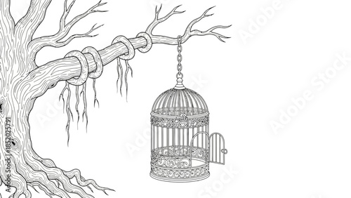 Vintage illustration of birds trapped inside an antique golden metal birdcage, symbolizing confinement and the desire for freedom on a white background