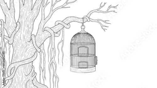 Vintage vector illustration of an ancient Italian castle with a symbolic birdcage representing confinement and freedom