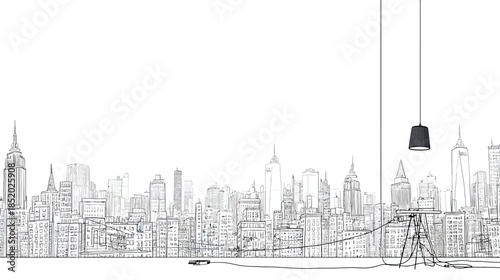 Architectural line art sketch of a modern city skyline with urban buildings and a contemporary pendant light design