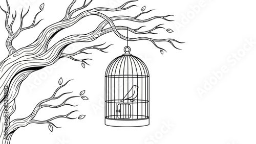 Vintage vector illustration of a bird inside an antique golden metal cage, isolated on a white background, symbolizing confinement and freedom