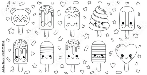 Adorable black and white coloring page featuring a seamless pattern of cute kawaii ice cream and panda pops
