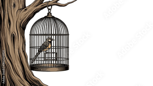 Vintage illustration of a bird trapped inside an antique golden metal cage symbolizing freedom and confinement