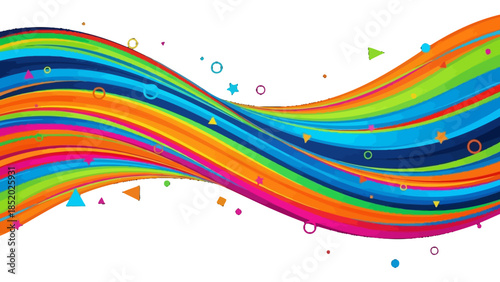 Festive Wavy Rainbow Stripes with Small Shapes, Dynamic Cheerful Colorful Streamer Background isolated white background