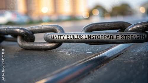 Strong Metal Chain Engraved with Unity in Outdoor Setting
