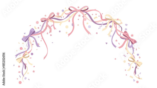 Festive Decorative Arc of Colorful Ribbons and Falling Confetti on Isolated White Background