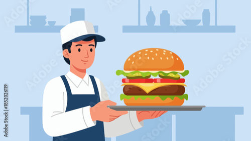 Smiling male chef serving a giant delicious burger on a tray in a restaurant.
