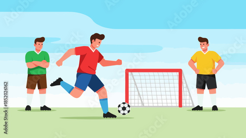 Soccer Player Kicking Ball Towards Goal with Teammates.