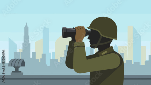 Soldier in helmet looking through binoculars with city skyline in background.