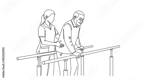 High-quality black continuous line art of a physiotherapist helping a senior practice walking with parallel bars, rehabilitation therapy illustration