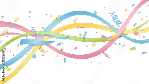 Festive colorful confetti and streamers falling on isolated white background.
