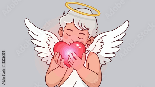 Sweet Angel Embracing a Glowing Red Heart with Pure Love and Affection.