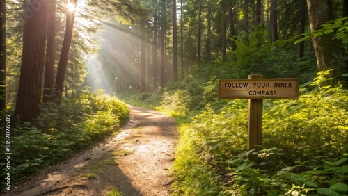 Sunlit Forest Trail with Sign Leading the Way